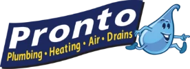 Pronto Plumbing, Heating, Air, Drains logo featuring a friendly blue water droplet mascot cheerfully pointing and smiling.