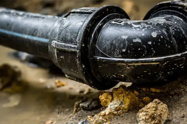 A Pronto Plumbing black plastic pipe with a connector elbow joint, partially buried in soil and rocks during a pipe installation.