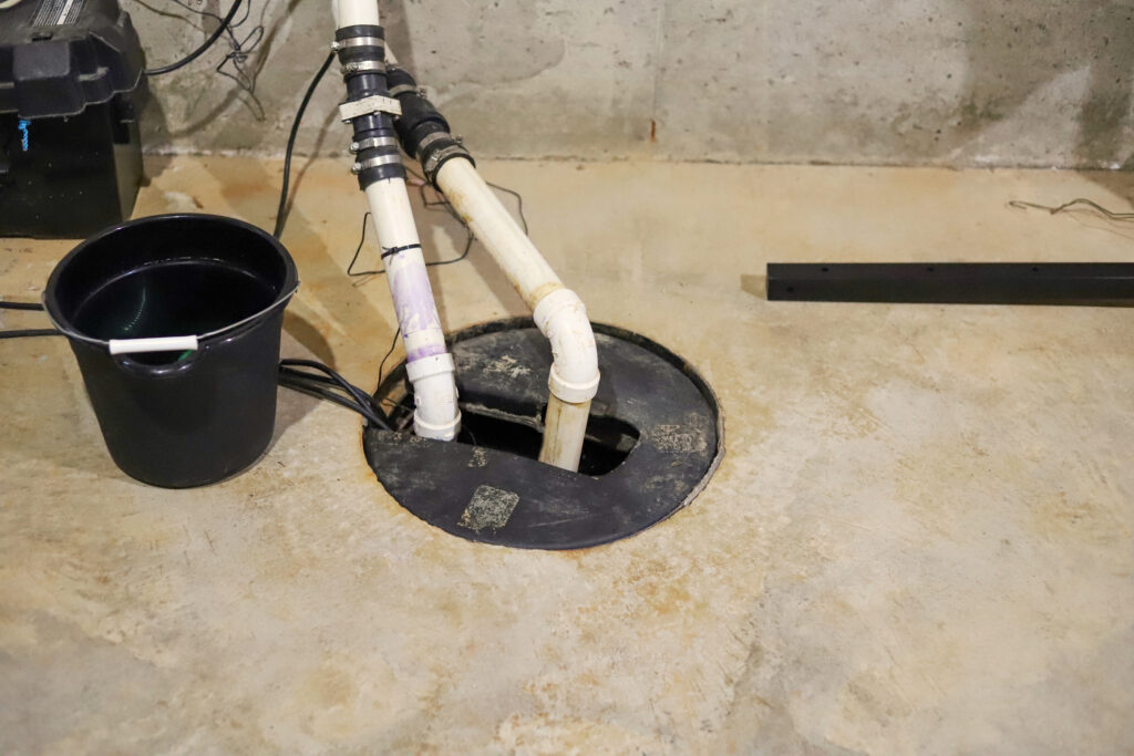 A Pronto Plumbing sump pump system with dual white PVC pipes and a black cover, installed in a basement floor, bucket nearby.