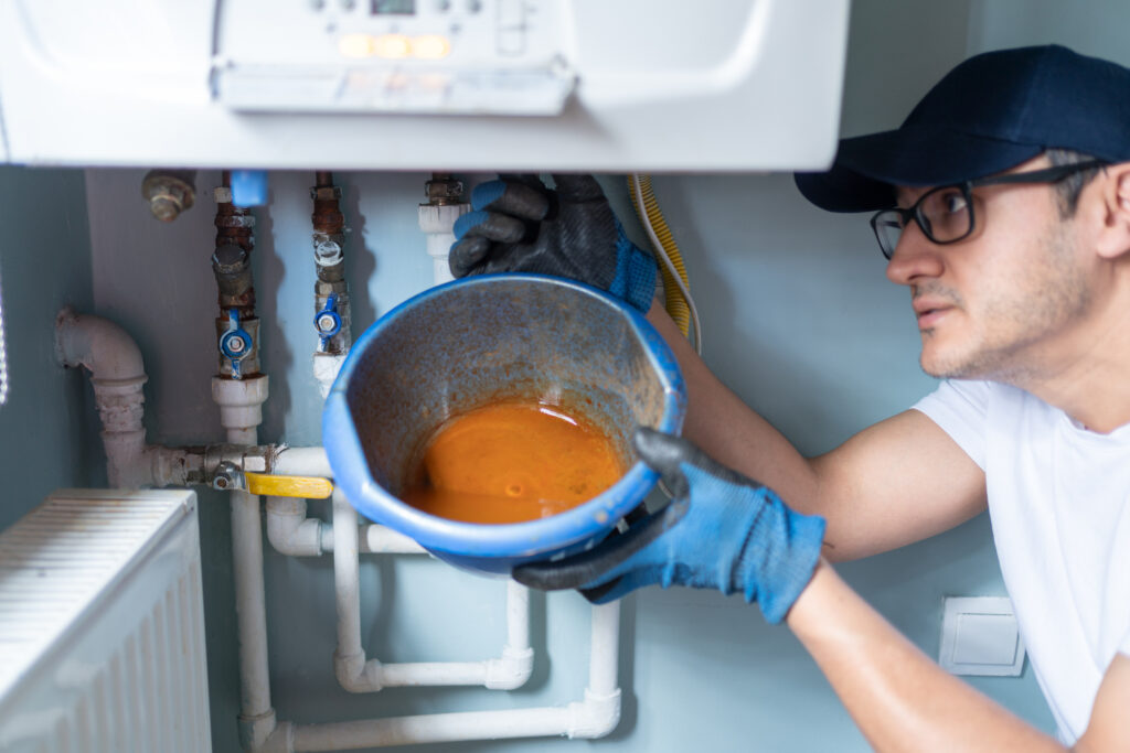 A Pronto Plumbing technician in gloves and cap collects rusty water in a blue bowl from pipes under a boiler during service.