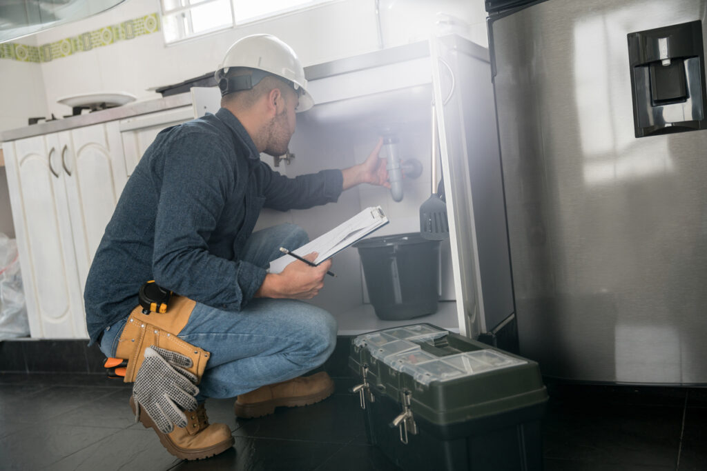 A Pronto Plumbing team member in a hard hat inspects kitchen sink pipes, clipboard in hand, with toolbox and tools close by.