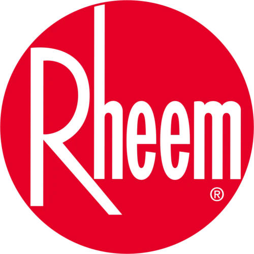 The Rheem logo features "Rheem" in sleek black script within a bold red circle, trusted by Pronto Plumbing's expert team.