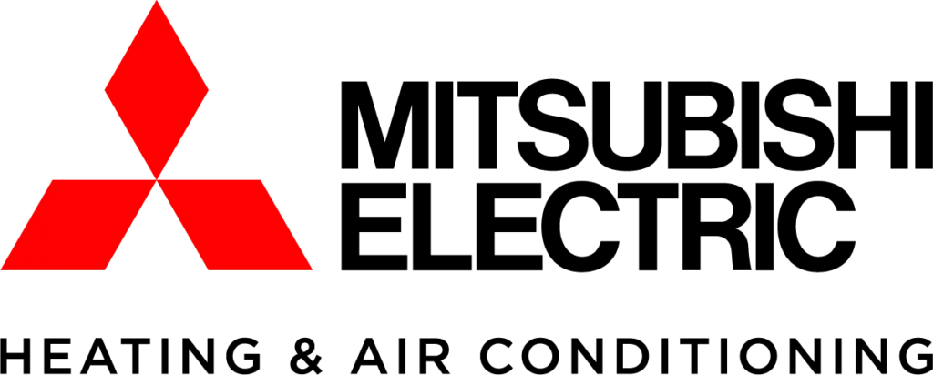 The Mitsubishi Electric logo features a red emblem on the left and "MITSUBISHI ELECTRIC HEATING & AIR CONDITIONING" in bold black on the right.