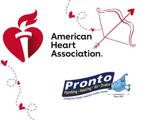 About us: American Heart Association and Pronto Plumbing logos, with a cheerful water droplet, red heart, and arrow on white background.