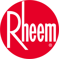 The Rheem logo features "Rheem" in bold, stylish black text at the center of a bright red circle—trusted by Pronto’s team.