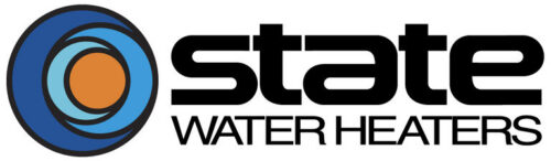 The State Water Heaters logo features a blue and orange circular emblem to the left of bold black text reading “State Water Heaters” on a white background, representing the reliable brand trusted by Pronto Plumbing, Heating, Air, and Drains for quality water heater solutions.