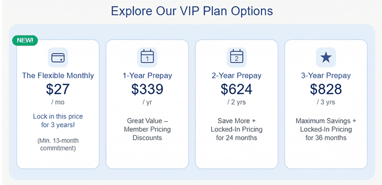 Pronto offers four VIP plans—monthly at $27, or prepay for 1, 2, or 3 years—with increasing savings and flexible options.