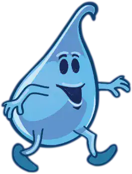 Cartoon illustration of a cheerful blue water droplet with arms and legs, representing the Pronto Plumbing, Heating, Air, and Drains team, confidently walking to the right with a friendly smile.